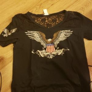 Black lace tee with studded eagle